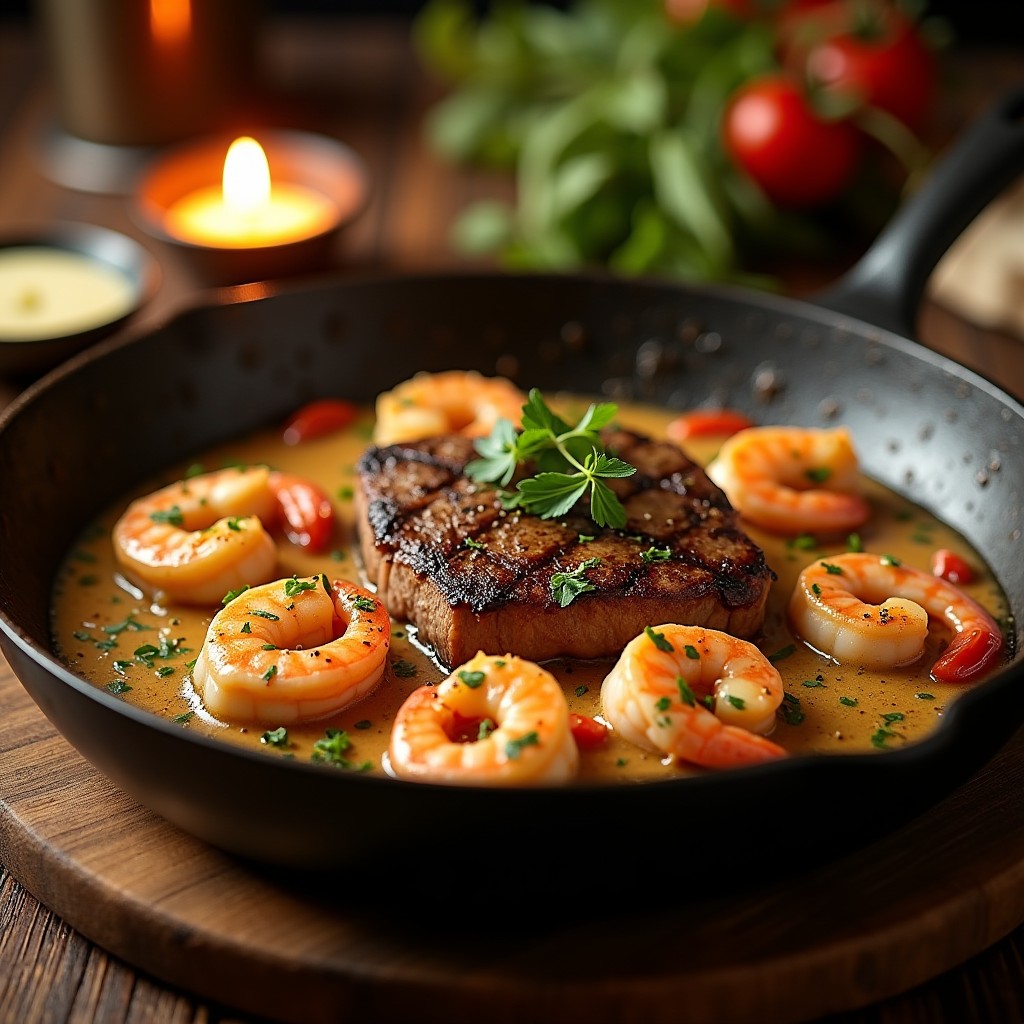 Steak and Seafood Skillet with Garlic Parmesan Cream Sauce